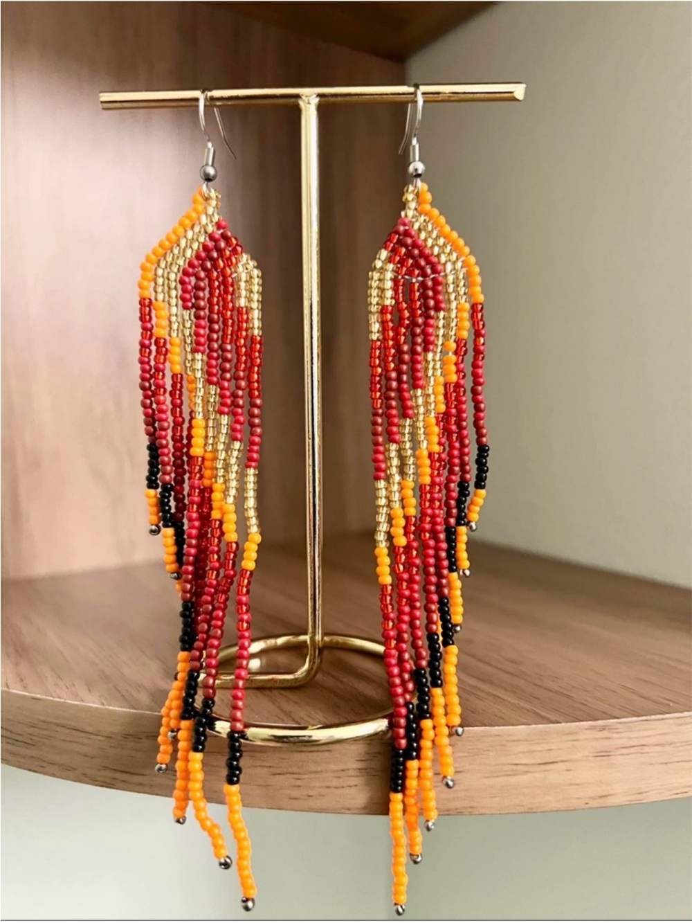 Fiery Red and Orange Waterfall Beaded Earrings
